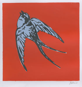 Screenprint of a swallow on a red background. Contemporary print. Contemporary art for Christmas. 