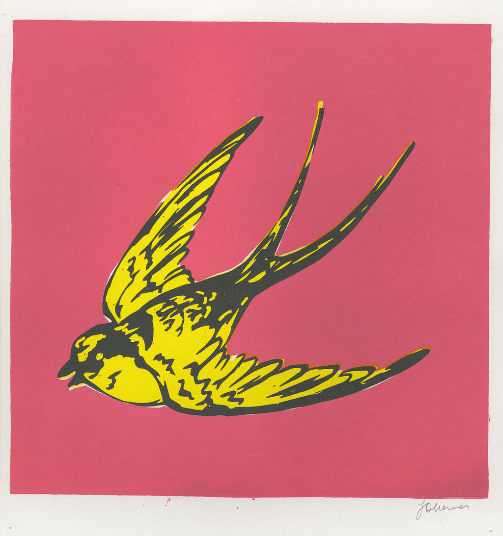 Screenprint of a swallow on a pink background. Contemporary print. Contemporary art for Christmas. 