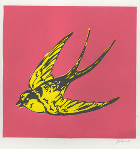 Screenprint of a swallow on a pink background. Contemporary print. Contemporary art for Christmas. 